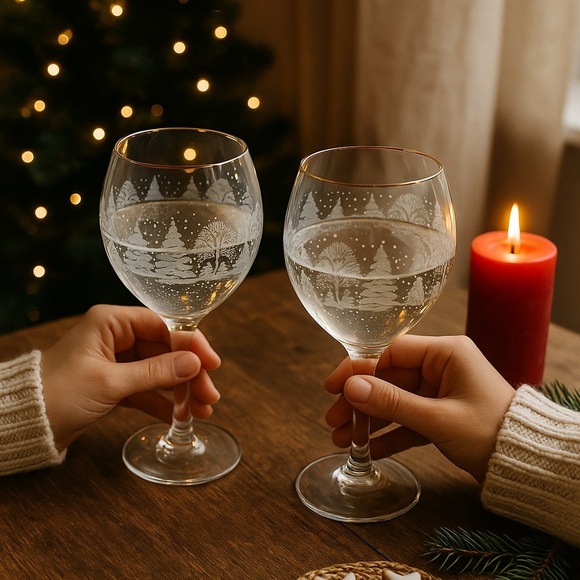 Libbey Vintage Snow Scene Wine Glass Goblets Set of 2 Holiday Theme - Picture 5 of 7